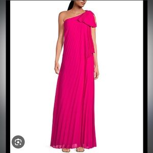 NWT Belle by Badgley Mischka Anna One Shoulder Bow Pleated Dress